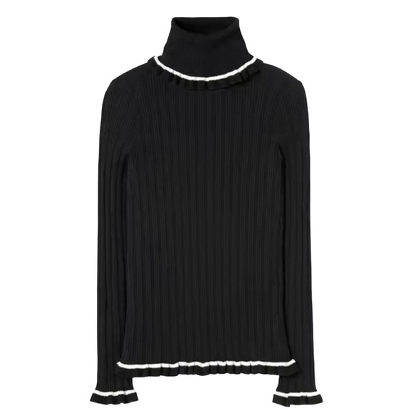 KATE SPADE Black Ribbed Turtleneck With White Ruffled Trim Women's Size M - Picture 2 of 12